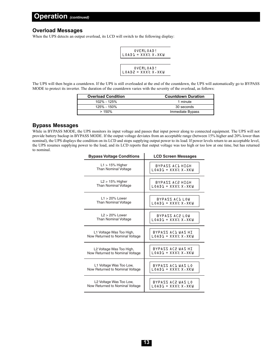 Operation, Bypass messages, Overload messages | Tripp Lite Modular UPS Systems SU16000RT4U User Manual | Page 13 / 52