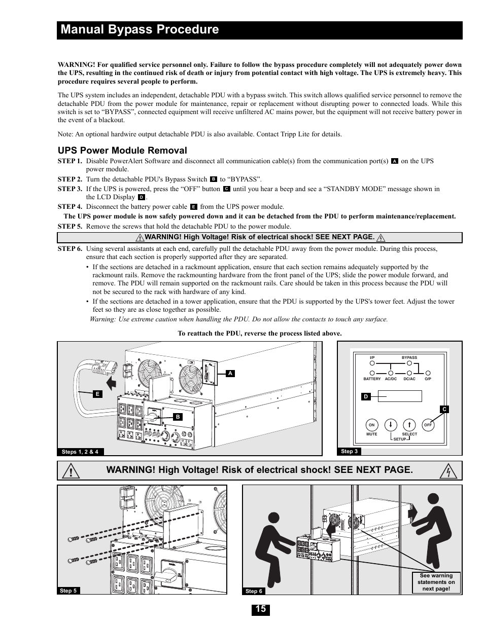 Manual bypass procedure, Ups power module removal | Tripp Lite Modular UPS Systems SU16000RT4U User Manual | Page 15 / 52