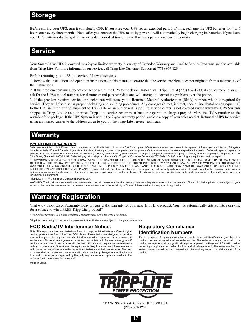 Storage, Service, Warranty | Warranty registration | Tripp Lite Modular UPS Systems SU16000RT4U User Manual | Page 17 / 52