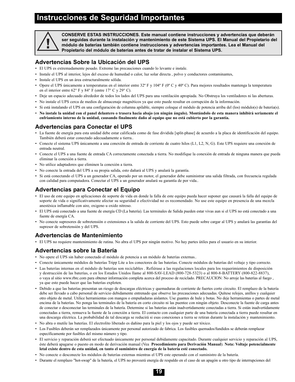 Instrucciones de seguridad importantes, Advertencias sobre la ubicación del ups, Advertencias para conectar el ups | Advertencias para conectar el equipo, Advertencias de mantenimiento, Advertencias sobre la batería | Tripp Lite Modular UPS Systems SU16000RT4U User Manual | Page 19 / 52