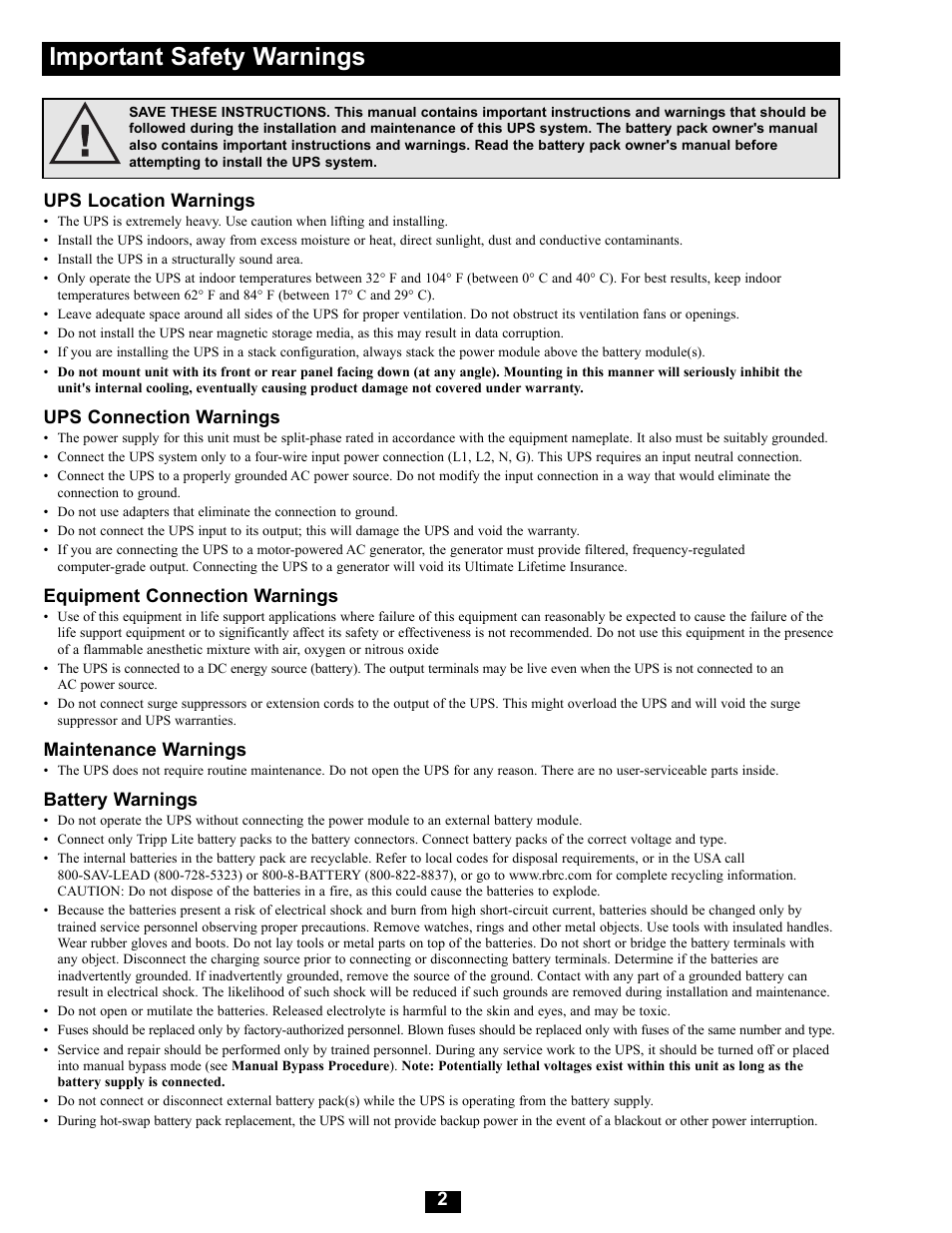 Important safety warnings | Tripp Lite Modular UPS Systems SU16000RT4U User Manual | Page 2 / 52