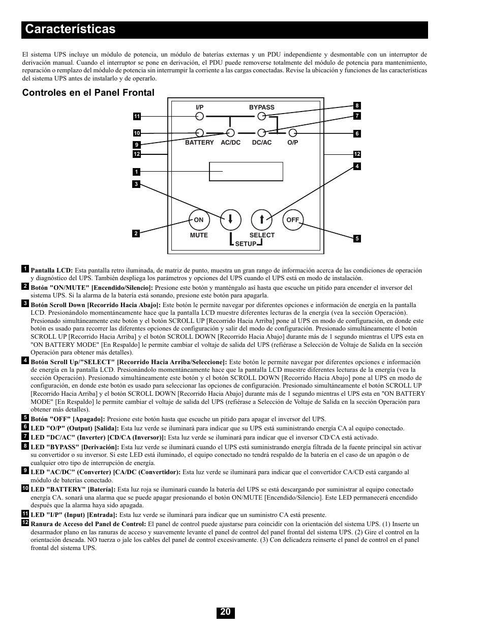 Características, Controles en el panel frontal | Tripp Lite Modular UPS Systems SU16000RT4U User Manual | Page 20 / 52