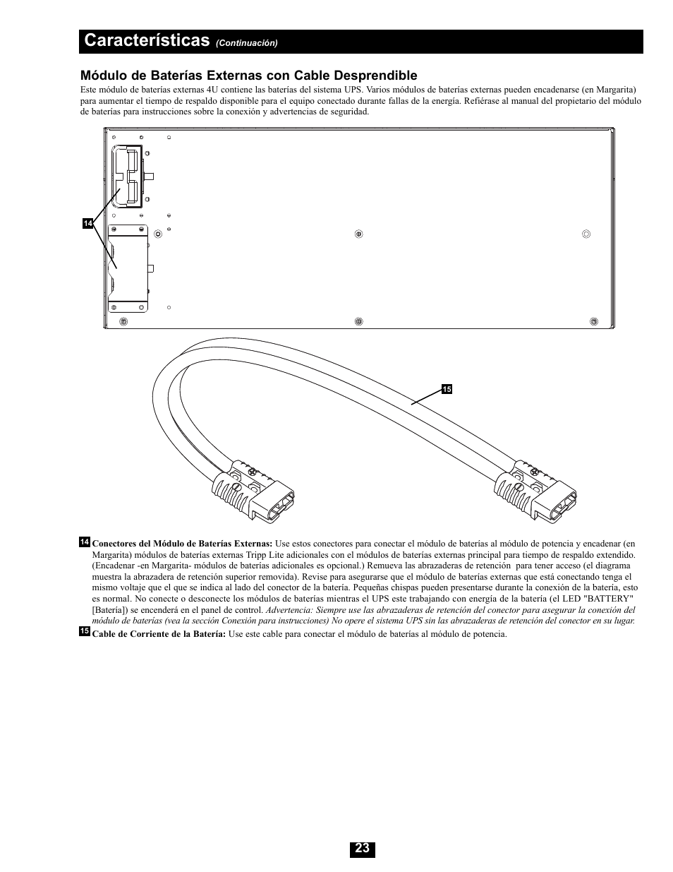 Características, Módulo de baterías externas con cable desprendible | Tripp Lite Modular UPS Systems SU16000RT4U User Manual | Page 23 / 52