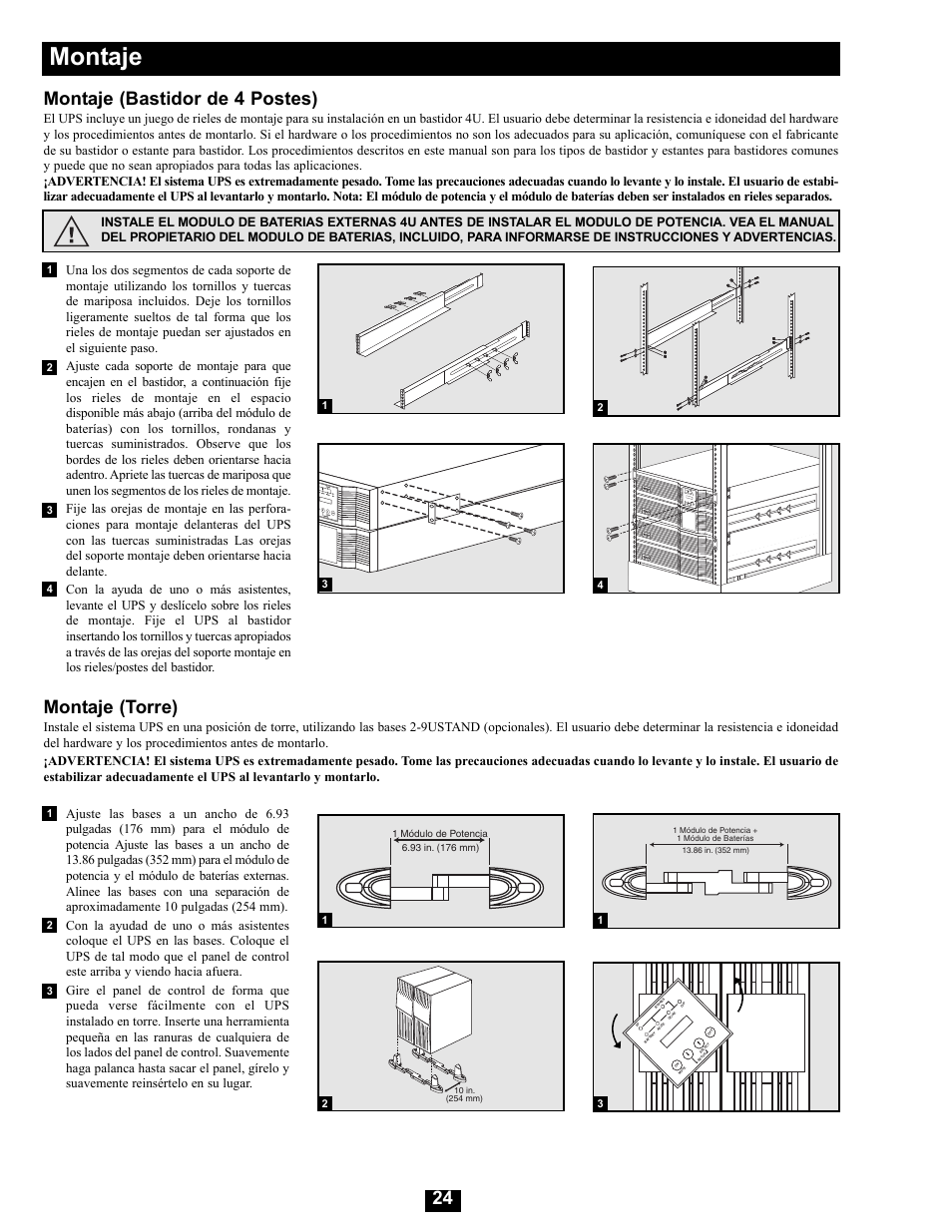 Montaje, 24 montaje (bastidor de 4 postes), Montaje (torre) | Tripp Lite Modular UPS Systems SU16000RT4U User Manual | Page 24 / 52