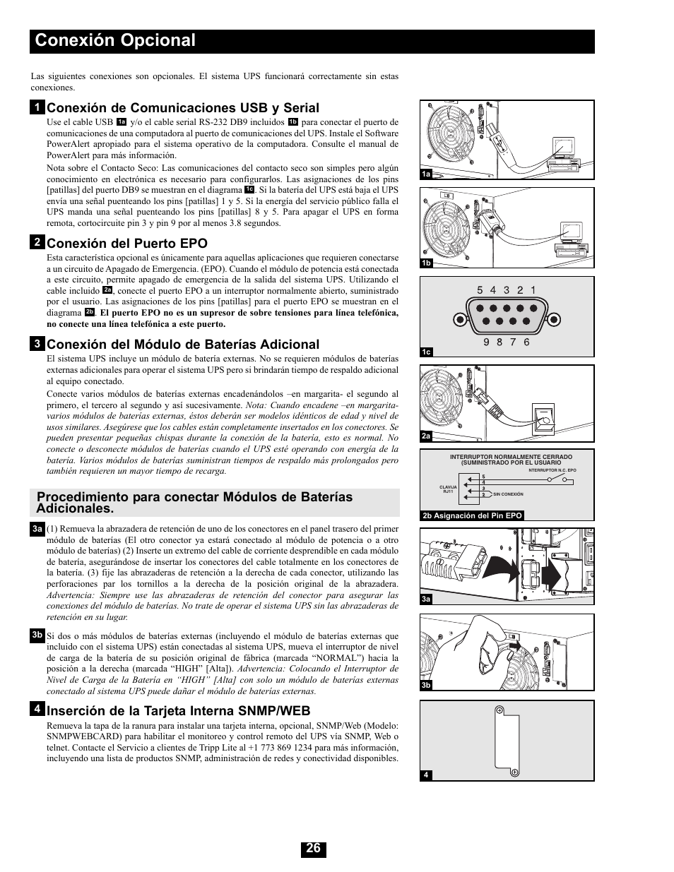 Conexión opcional, Conexión de comunicaciones usb y serial, Conexión del puerto epo | Conexión del módulo de baterías adicional, Inserción de la tarjeta interna snmp/web | Tripp Lite Modular UPS Systems SU16000RT4U User Manual | Page 26 / 52