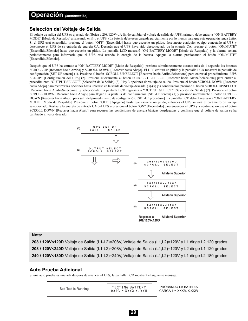 Operación, Selección del voltaje de salida, Auto prueba adicional | Tripp Lite Modular UPS Systems SU16000RT4U User Manual | Page 29 / 52