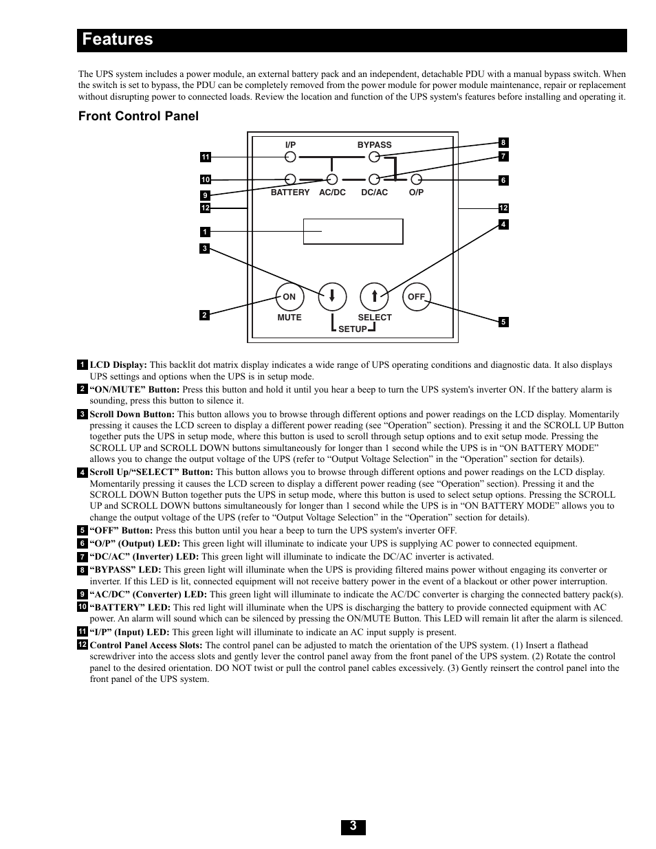 Features, Front control panel | Tripp Lite Modular UPS Systems SU16000RT4U User Manual | Page 3 / 52
