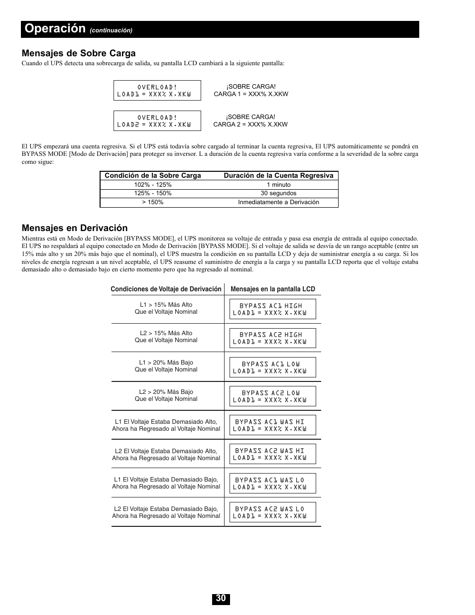 Operación, Mensajes en derivación, Mensajes de sobre carga | Tripp Lite Modular UPS Systems SU16000RT4U User Manual | Page 30 / 52