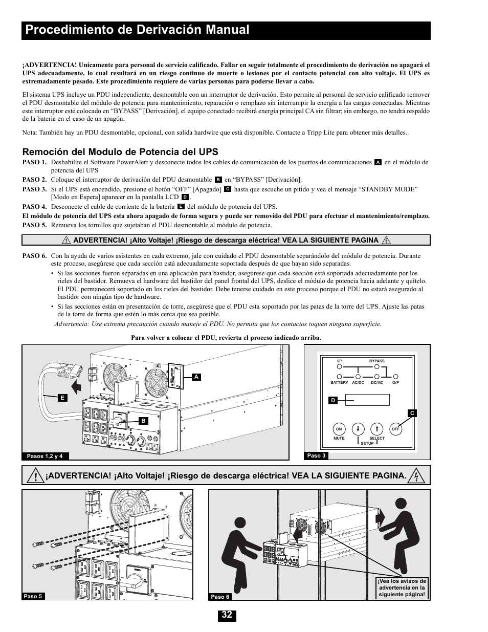 Procedimiento de derivación manual, Remoción del modulo de potencia del ups | Tripp Lite Modular UPS Systems SU16000RT4U User Manual | Page 32 / 52