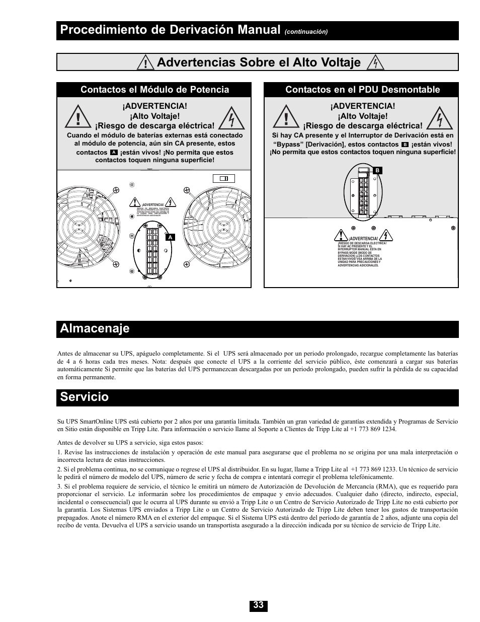 Advertencias sobre el alto voltaje, Procedimiento de derivación manual, Almacenaje | Servicio, Contactos el módulo de potencia, Contactos en el pdu desmontable | Tripp Lite Modular UPS Systems SU16000RT4U User Manual | Page 33 / 52
