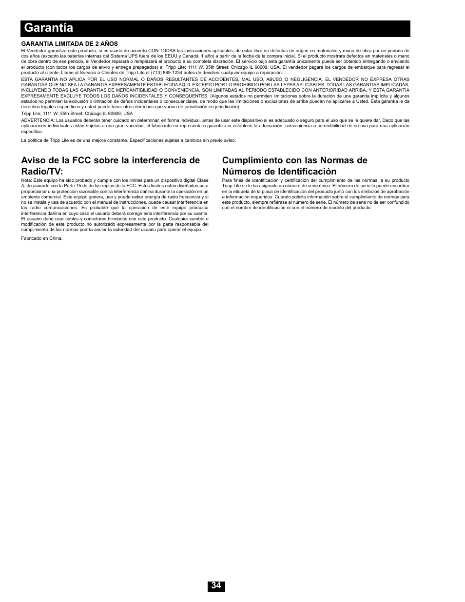 Garantía, Aviso de la fcc sobre la interferencia de radio/tv | Tripp Lite Modular UPS Systems SU16000RT4U User Manual | Page 34 / 52