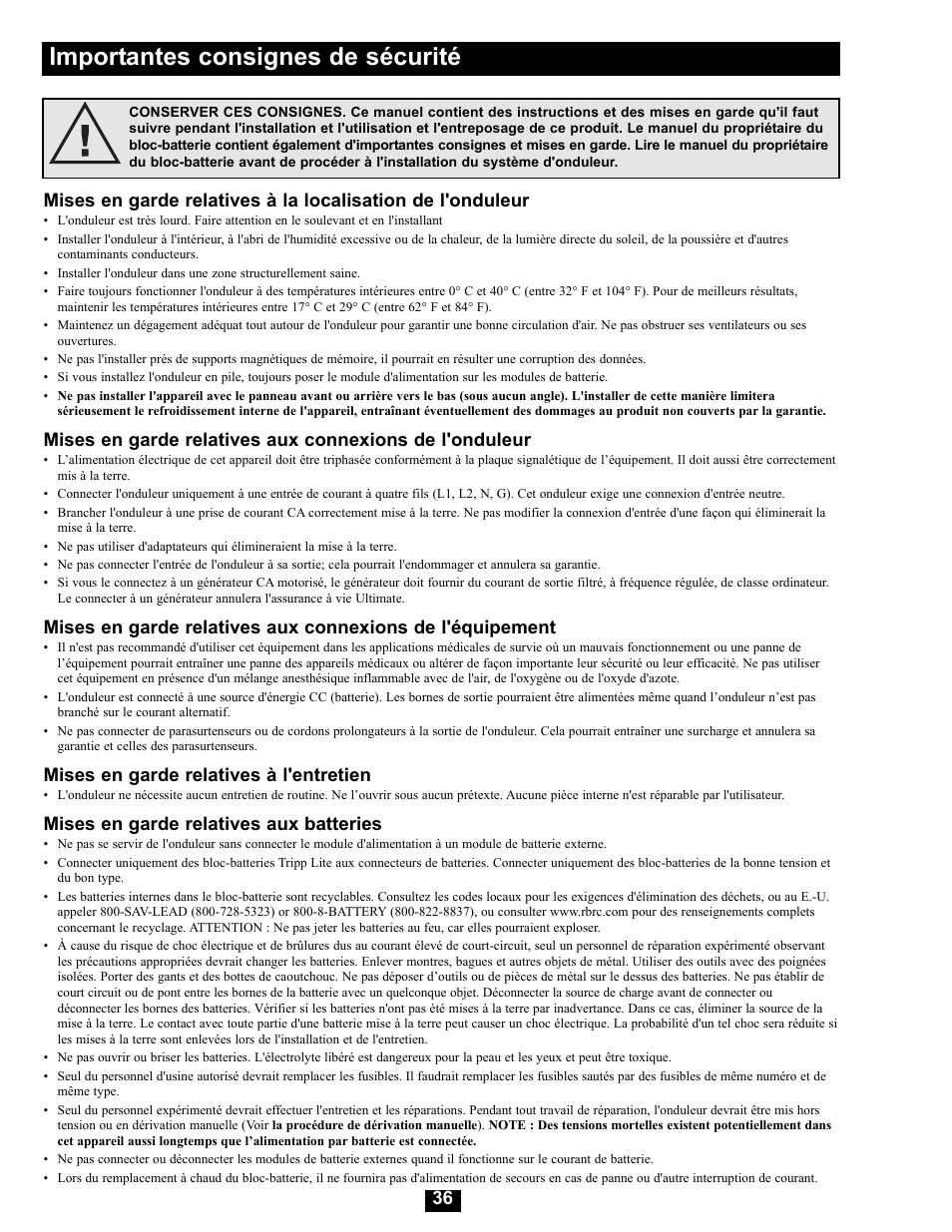Importantes consignes de sécurité, Mises en garde relatives à l'entretien, Mises en garde relatives aux batteries | Tripp Lite Modular UPS Systems SU16000RT4U User Manual | Page 36 / 52