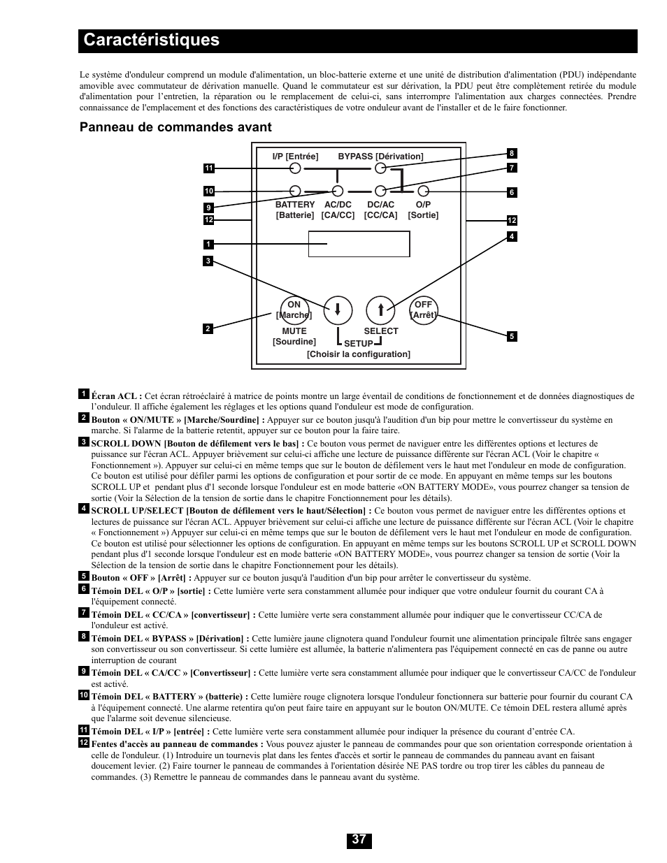 Caractéristiques, Panneau de commandes avant | Tripp Lite Modular UPS Systems SU16000RT4U User Manual | Page 37 / 52