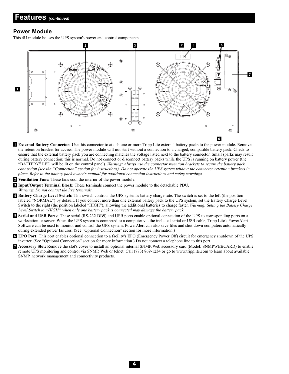 Features, Power module | Tripp Lite Modular UPS Systems SU16000RT4U User Manual | Page 4 / 52