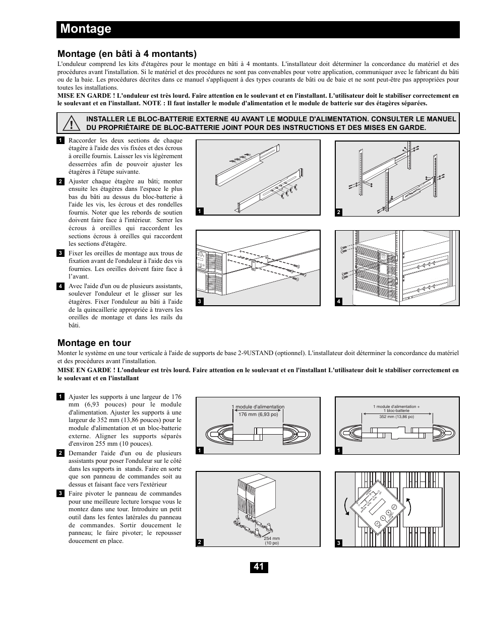 Montage, 41 montage (en bâti à 4 montants), Montage en tour | Tripp Lite Modular UPS Systems SU16000RT4U User Manual | Page 41 / 52