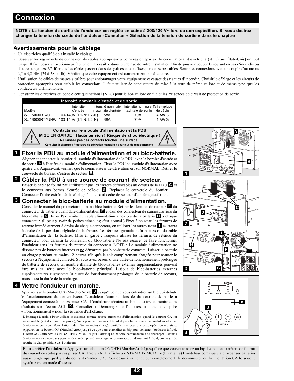 Connexion, Câbler la pdu à une source de courant de secteur, Mettre l'onduleur en marche | Avertissements pour le câblage | Tripp Lite Modular UPS Systems SU16000RT4U User Manual | Page 42 / 52