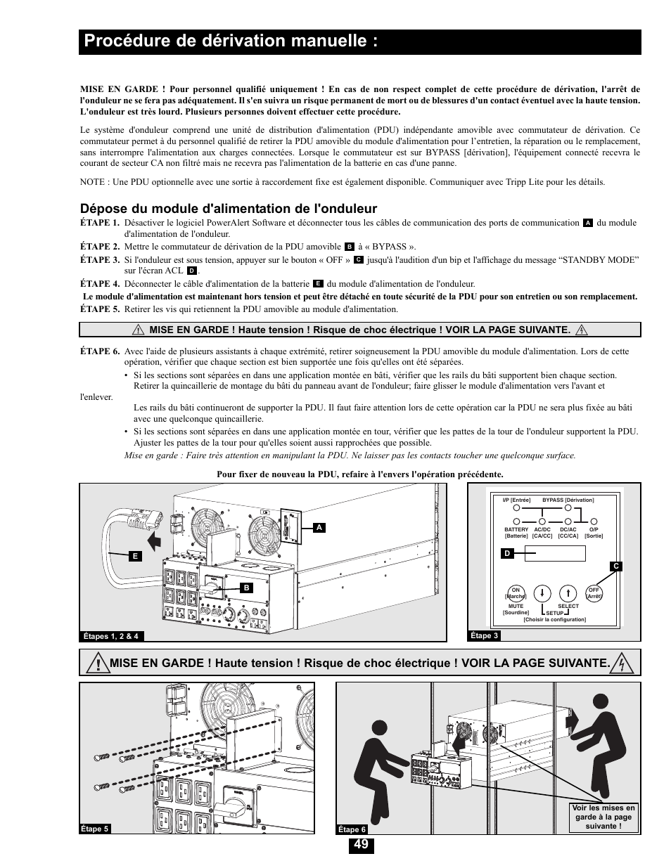 Procédure de dérivation manuelle, Dépose du module d'alimentation de l'onduleur | Tripp Lite Modular UPS Systems SU16000RT4U User Manual | Page 49 / 52