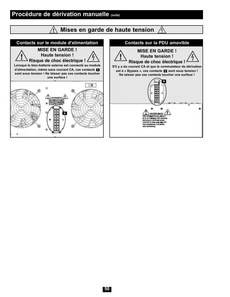 Mises en garde de haute tension, Procédure de dérivation manuelle | Tripp Lite Modular UPS Systems SU16000RT4U User Manual | Page 50 / 52