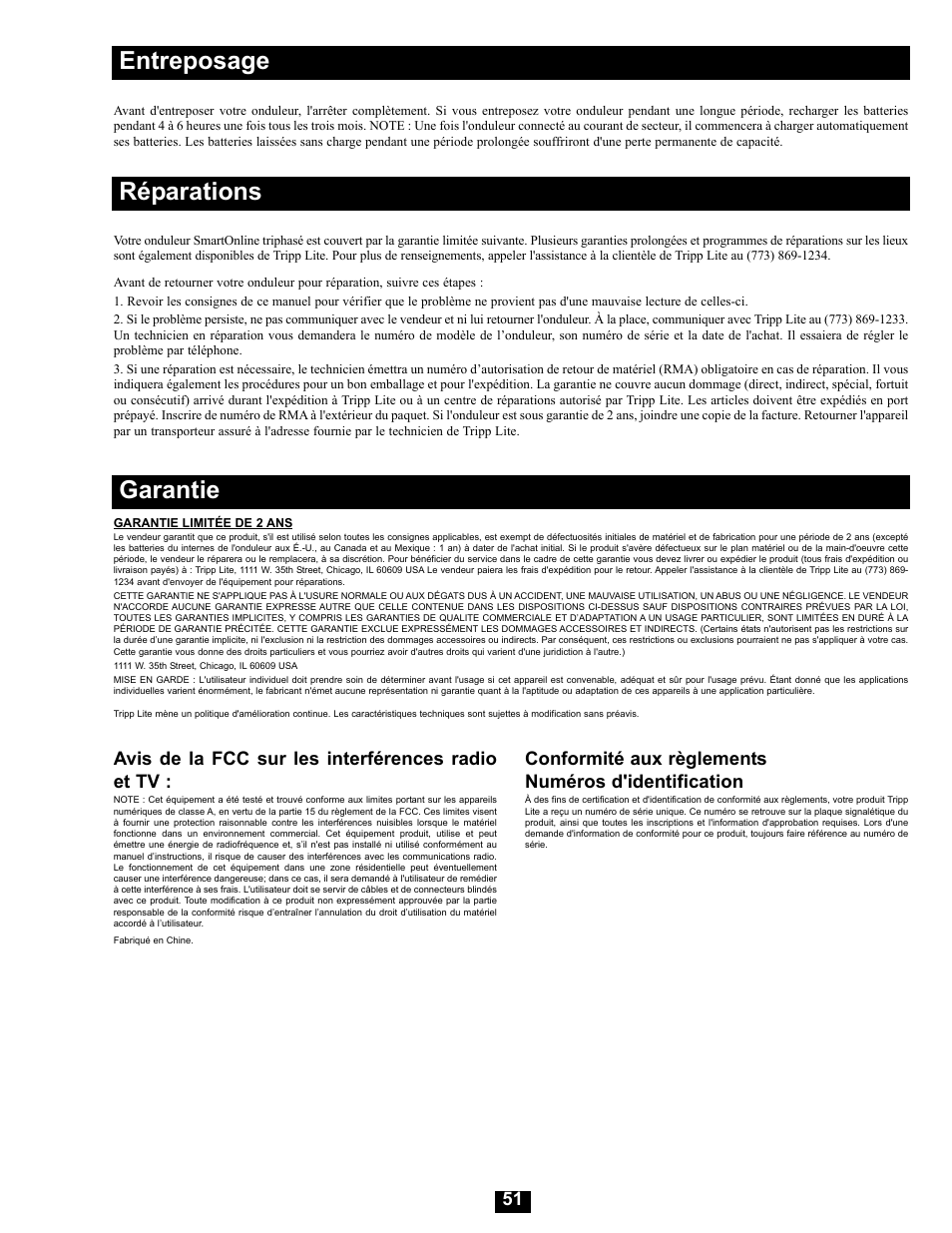 Entreposage, Réparations, Garantie | Tripp Lite Modular UPS Systems SU16000RT4U User Manual | Page 51 / 52