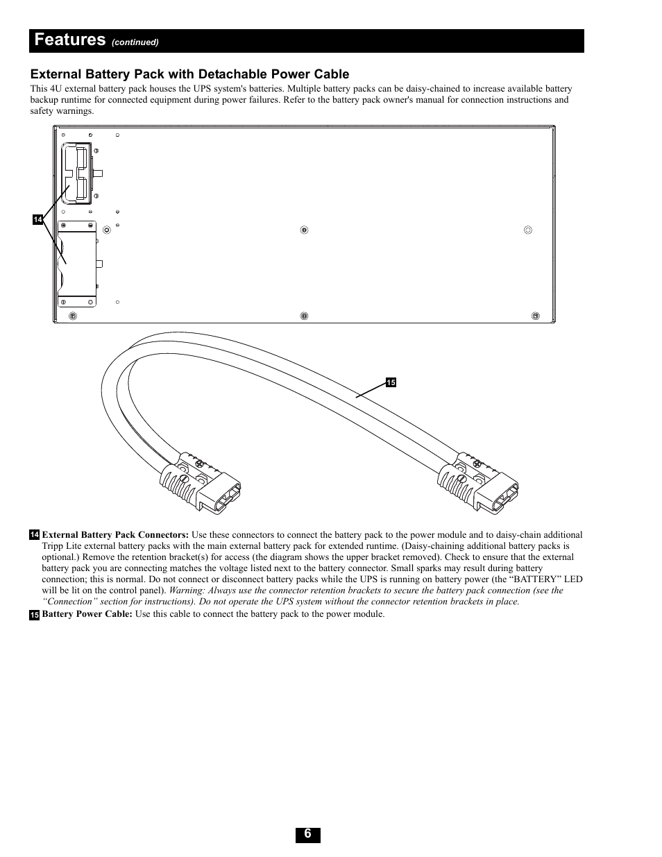 Features, External battery pack with detachable power cable | Tripp Lite Modular UPS Systems SU16000RT4U User Manual | Page 6 / 52