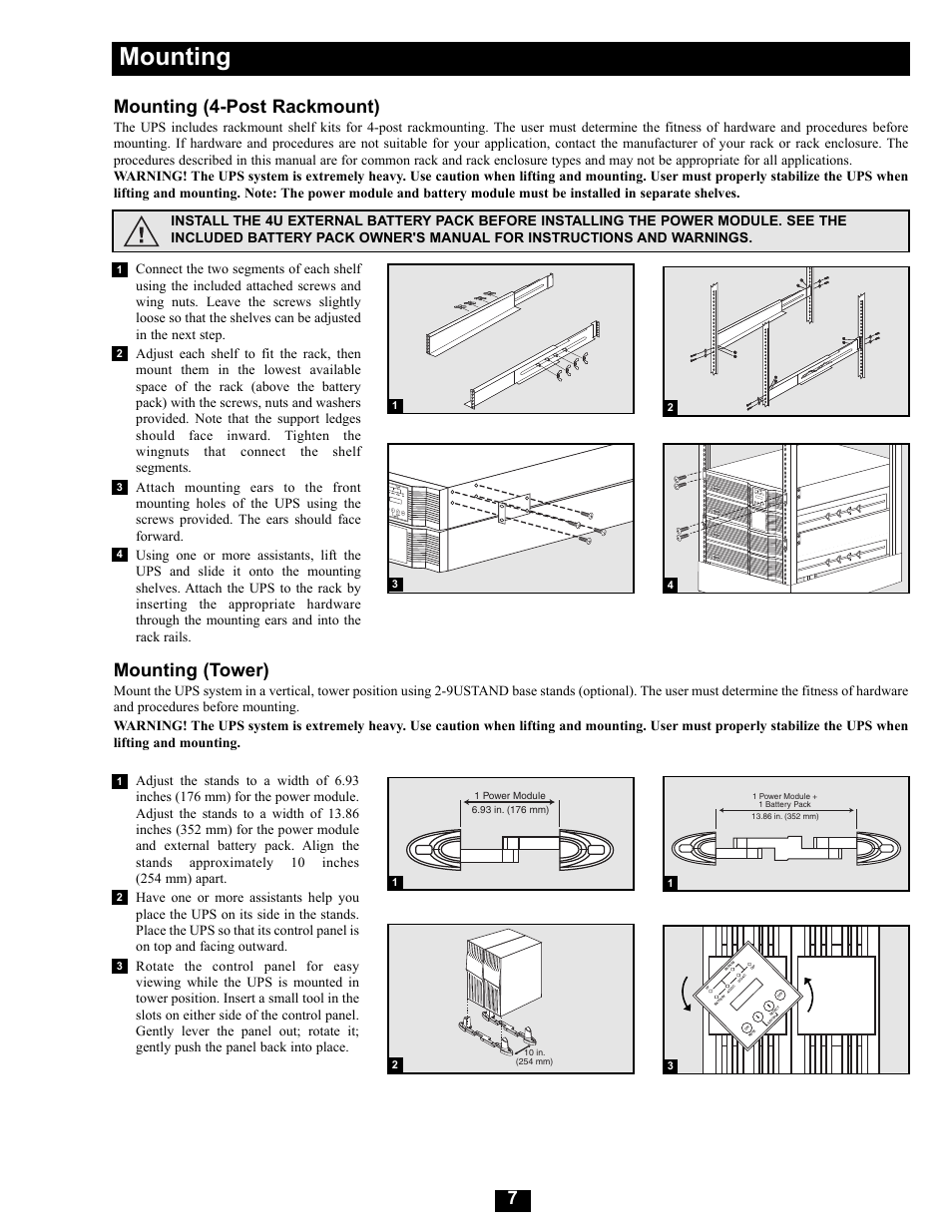 Mounting, Mounting (4-post rackmount), Mounting (tower) | Tripp Lite Modular UPS Systems SU16000RT4U User Manual | Page 7 / 52
