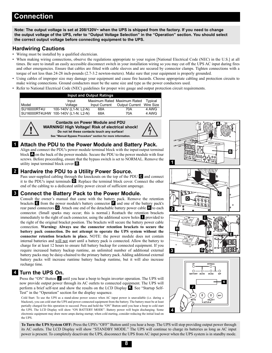 Connection, Hardwire the pdu to a utility power source, Connect the battery pack to the power module | Turn the ups on, Hardwiring cautions | Tripp Lite Modular UPS Systems SU16000RT4U User Manual | Page 8 / 52