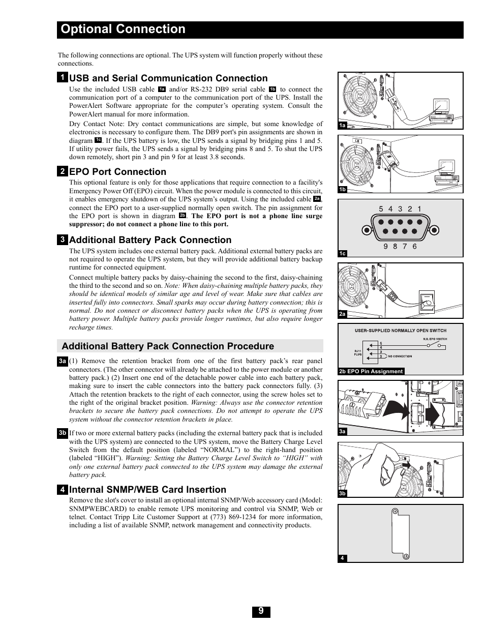 Optional connection, Usb and serial communication connection, Epo port connection | Additional battery pack connection, Additional battery pack connection procedure, Internal snmp/web card insertion | Tripp Lite Modular UPS Systems SU16000RT4U User Manual | Page 9 / 52