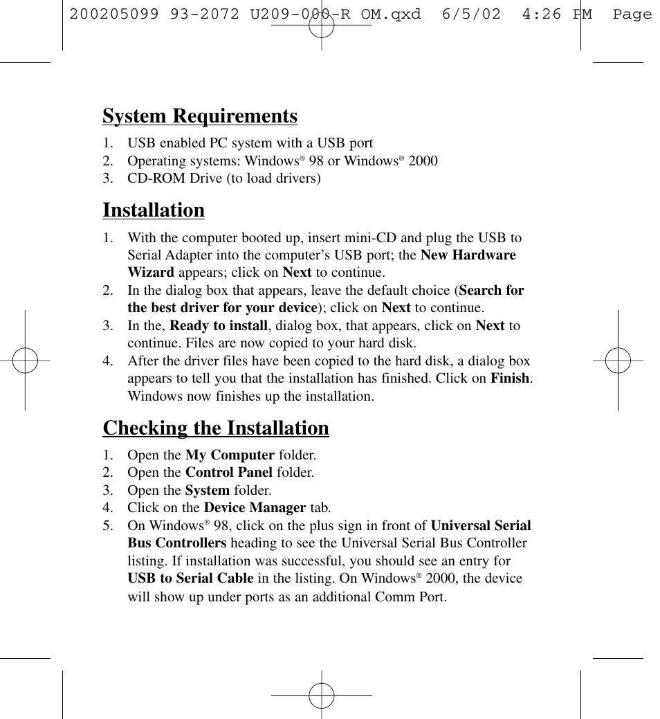 System requirements, Installation, Checking the installation | Tripp Lite U209-000-R User Manual | Page 2 / 10