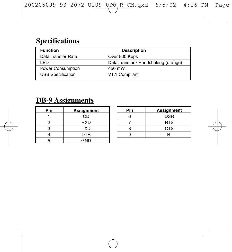 Specifications, Db-9 assignments | Tripp Lite U209-000-R User Manual | Page 7 / 10
