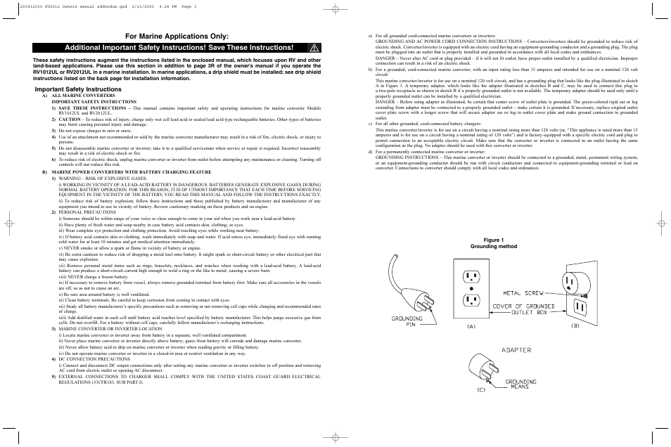 For marine applications only, Important safety instructions | Tripp Lite RV1012UL User Manual | Page 2 / 2