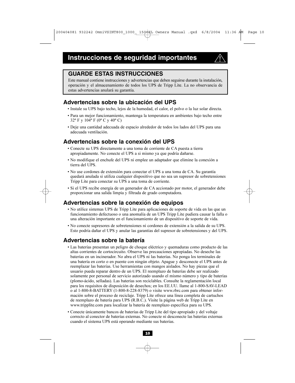 Instrucciones de seguridad importantes | Tripp Lite OMNIVSINT800 User Manual | Page 10 / 32