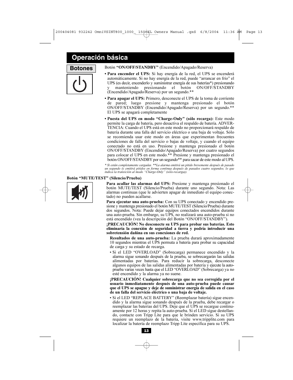 Operación básica, Botones | Tripp Lite OMNIVSINT800 User Manual | Page 13 / 32