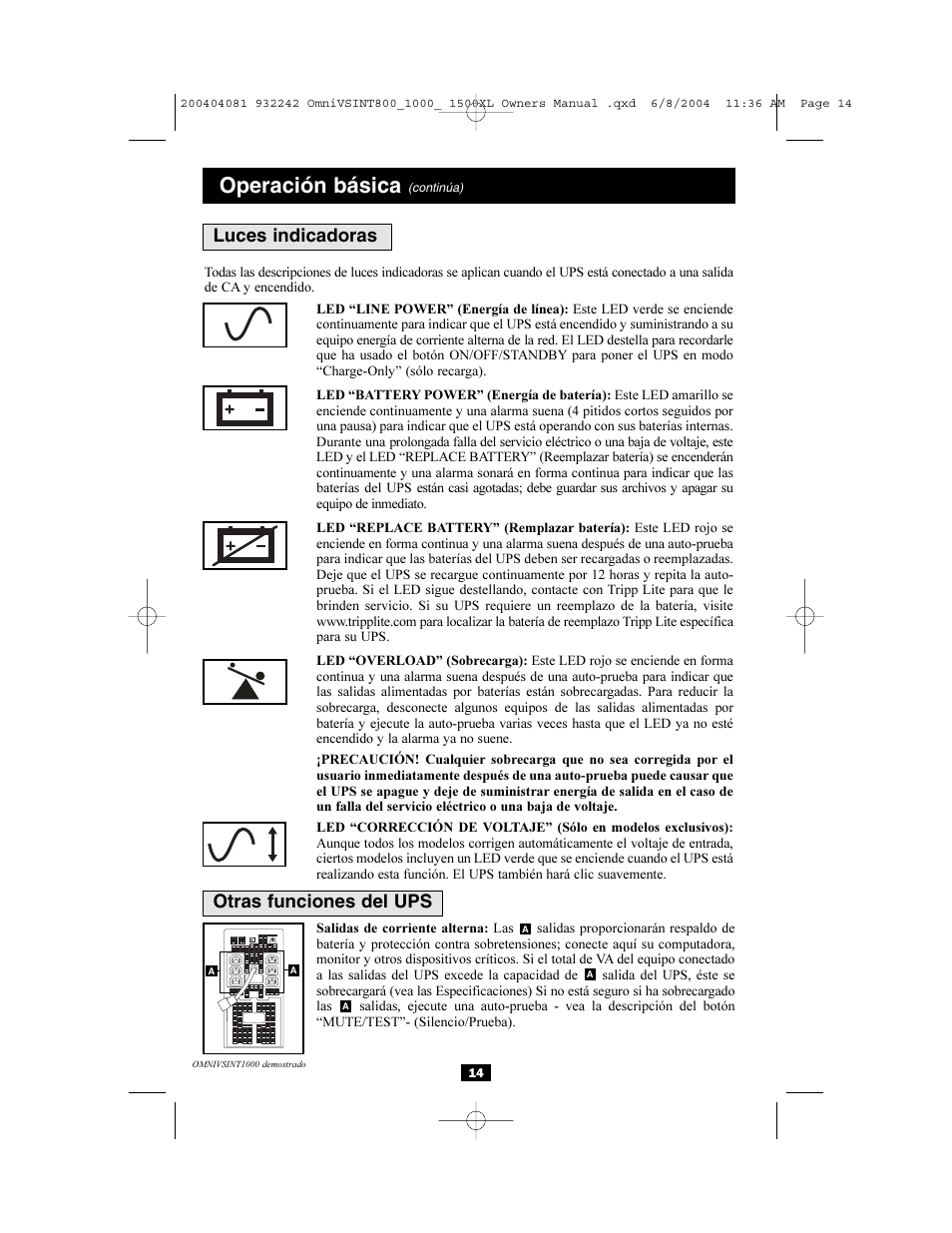 Operación básica, Otras funciones del ups luces indicadoras | Tripp Lite OMNIVSINT800 User Manual | Page 14 / 32