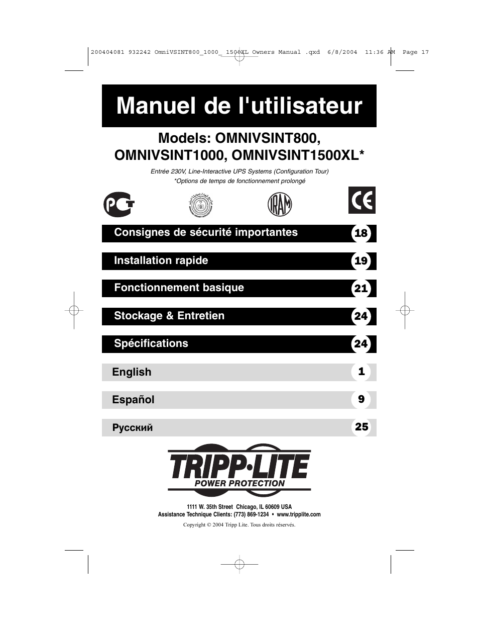 Manuel de l'utilisateur | Tripp Lite OMNIVSINT800 User Manual | Page 17 / 32