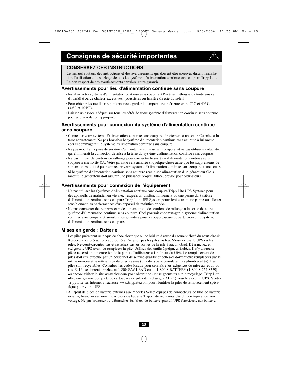 Consignes de sécurité importantes | Tripp Lite OMNIVSINT800 User Manual | Page 18 / 32