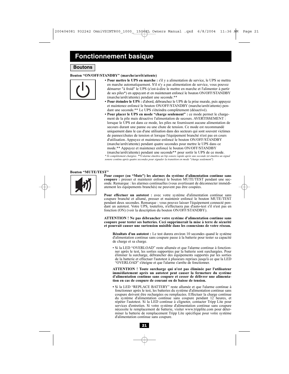 Fonctionnement basique | Tripp Lite OMNIVSINT800 User Manual | Page 21 / 32