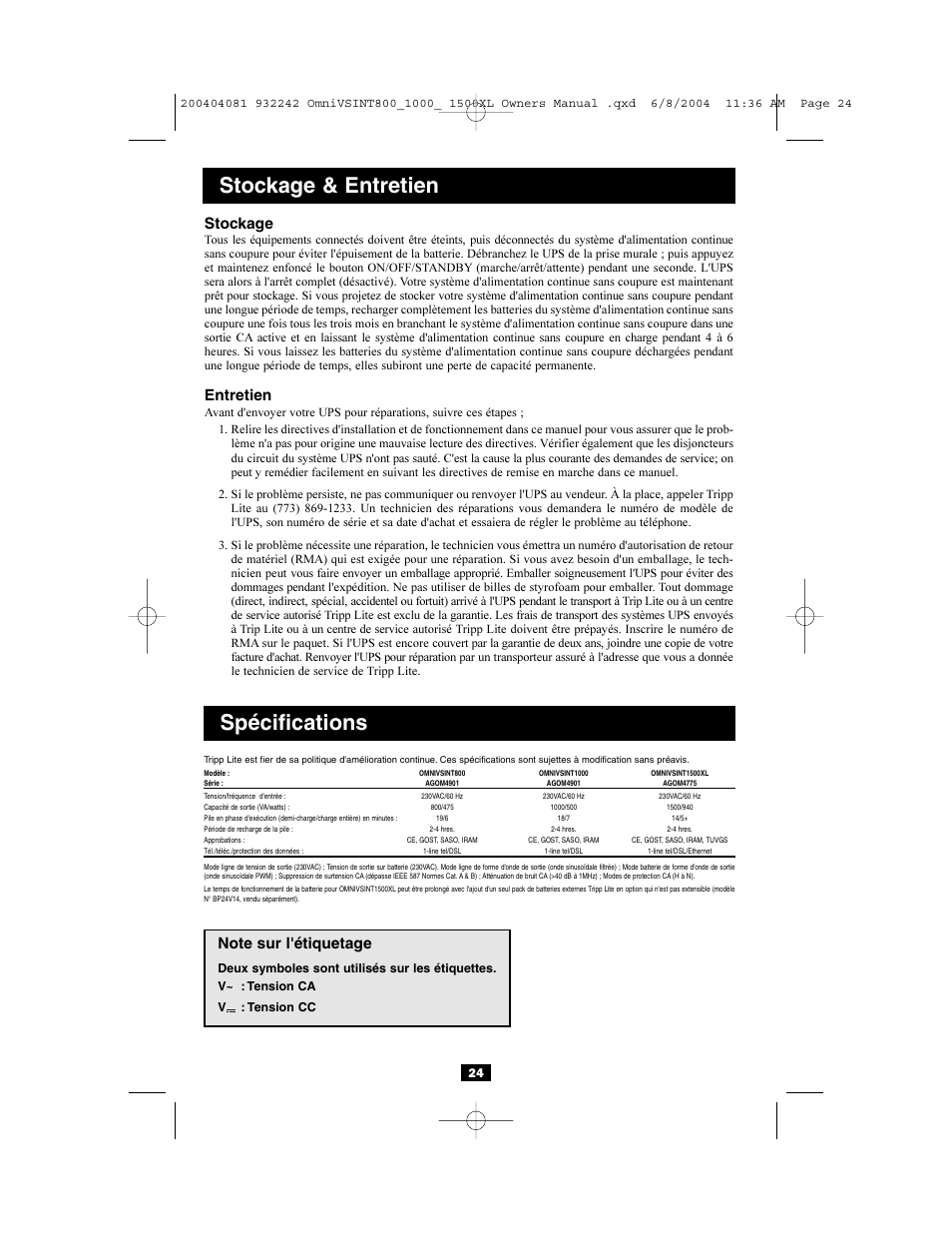 Spécifications, Stockage & entretien, Stockage | Entretien | Tripp Lite OMNIVSINT800 User Manual | Page 24 / 32