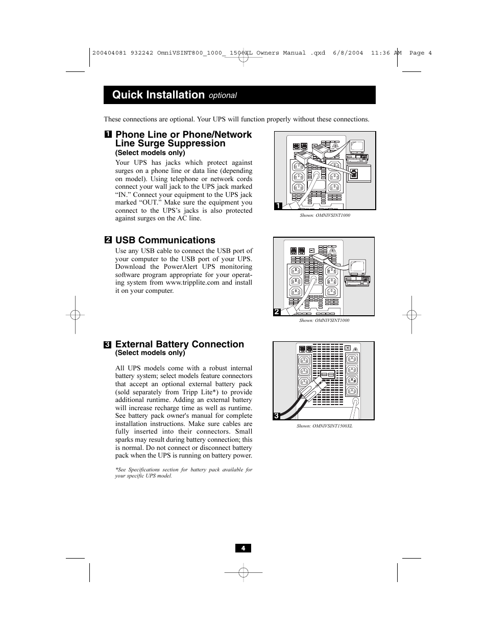 Quick installation, Phone line or phone/network line surge suppression, Usb communications | External battery connection | Tripp Lite OMNIVSINT800 User Manual | Page 4 / 32
