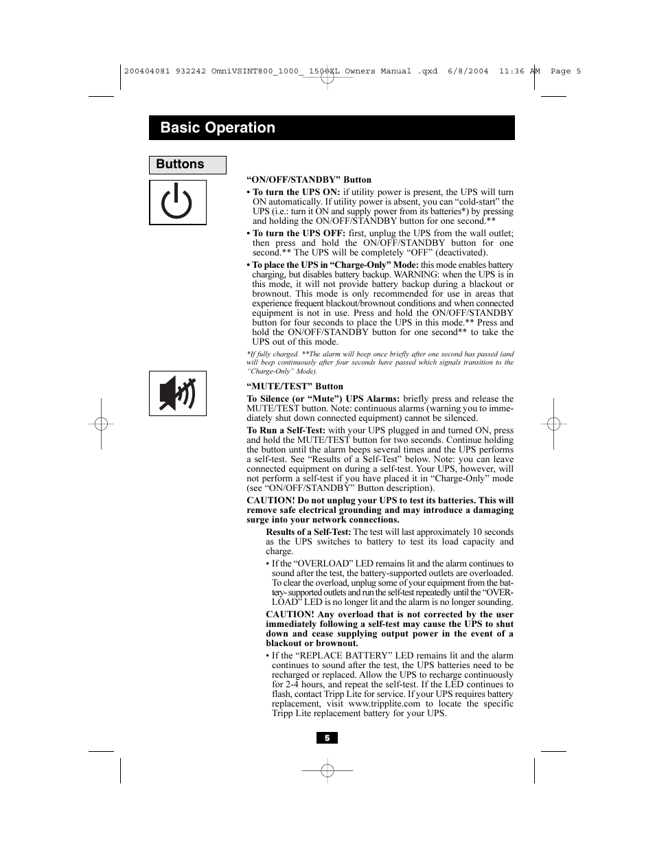 Basic operation, Buttons | Tripp Lite OMNIVSINT800 User Manual | Page 5 / 32