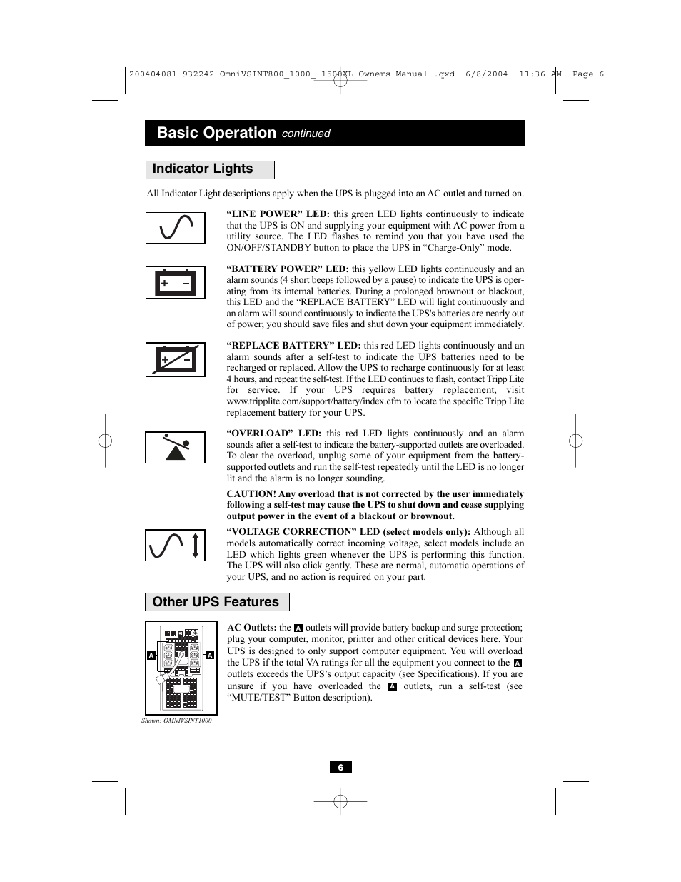 Basic operation, Other ups features indicator lights | Tripp Lite OMNIVSINT800 User Manual | Page 6 / 32
