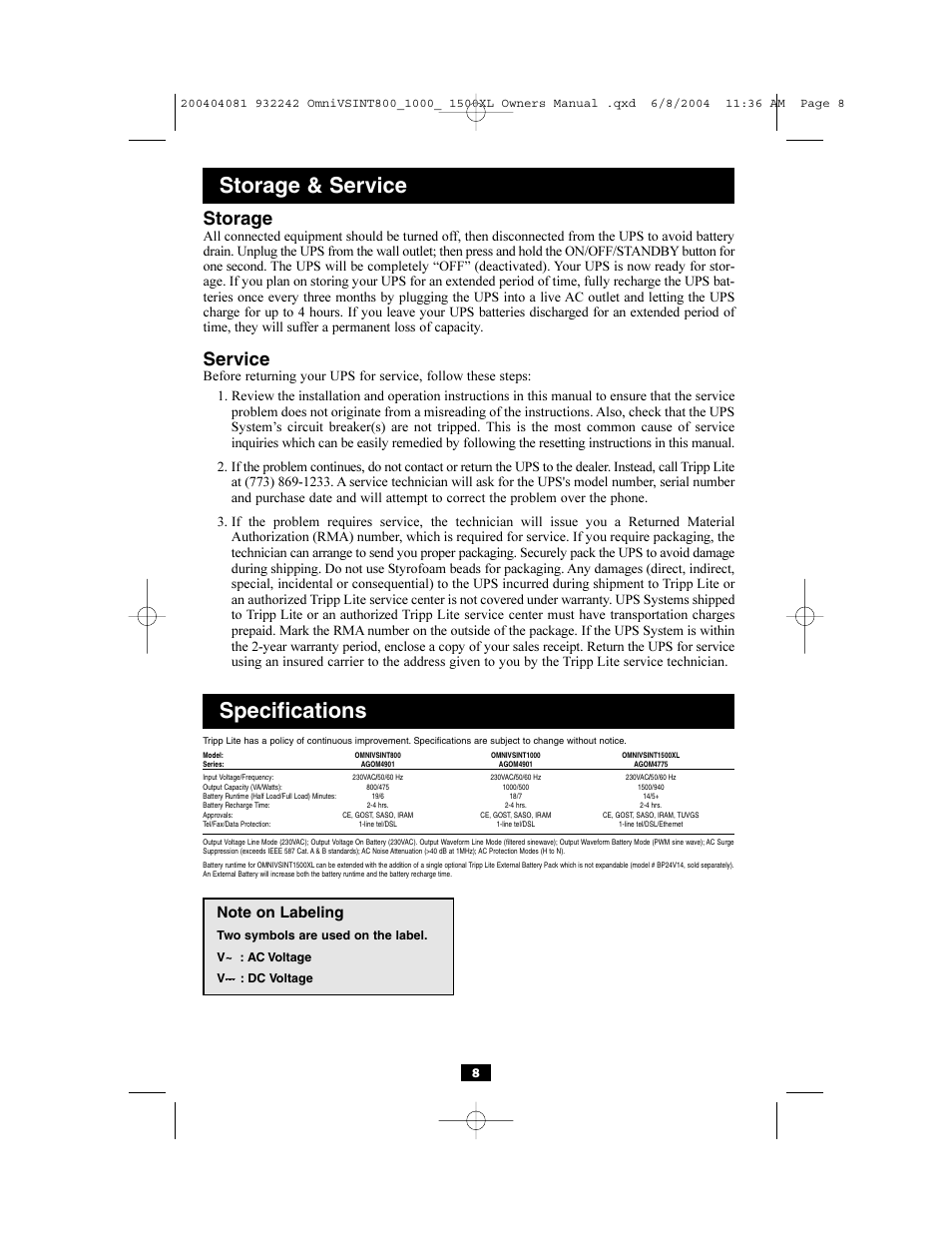 Specifications, Storage & service, Storage | Service | Tripp Lite OMNIVSINT800 User Manual | Page 8 / 32