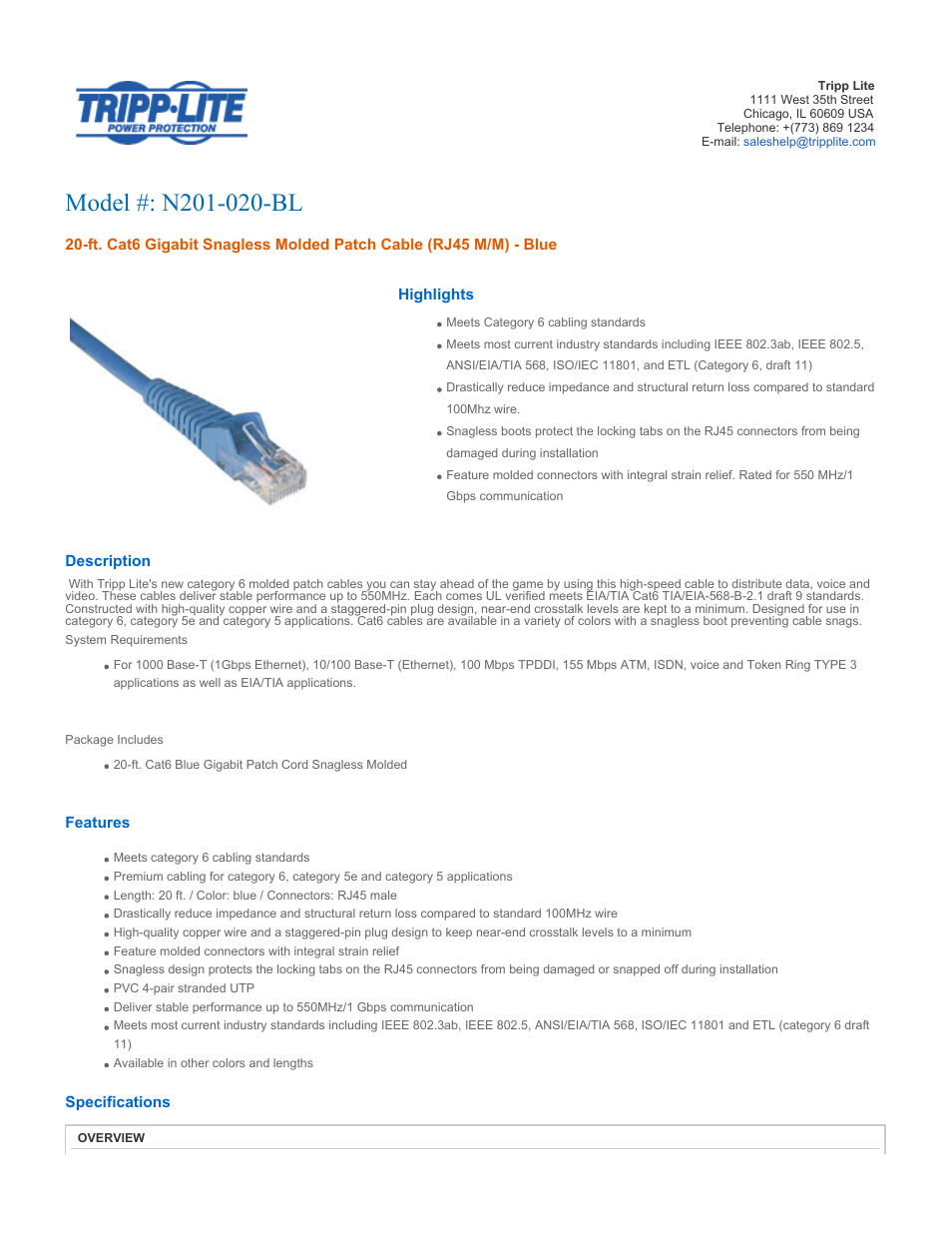 Tripp Lite N201-020-BL User Manual | 2 pages