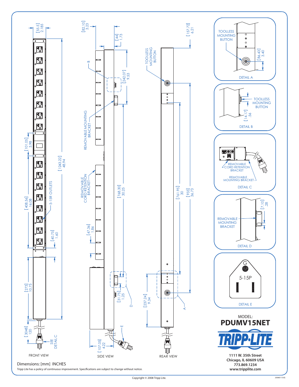 Pdumv15net, G5-15p, Dimensions: [mm] inches | Model | Tripp Lite PDUMV15NET User Manual | Page 2 / 2