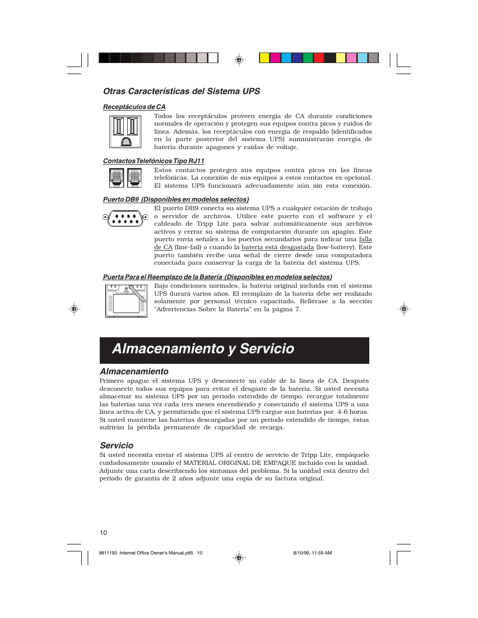 Almacenamiento y servicio, Otras características del sistema ups, Almacenamiento | Servicio | Tripp Lite I User Manual | Page 10 / 20