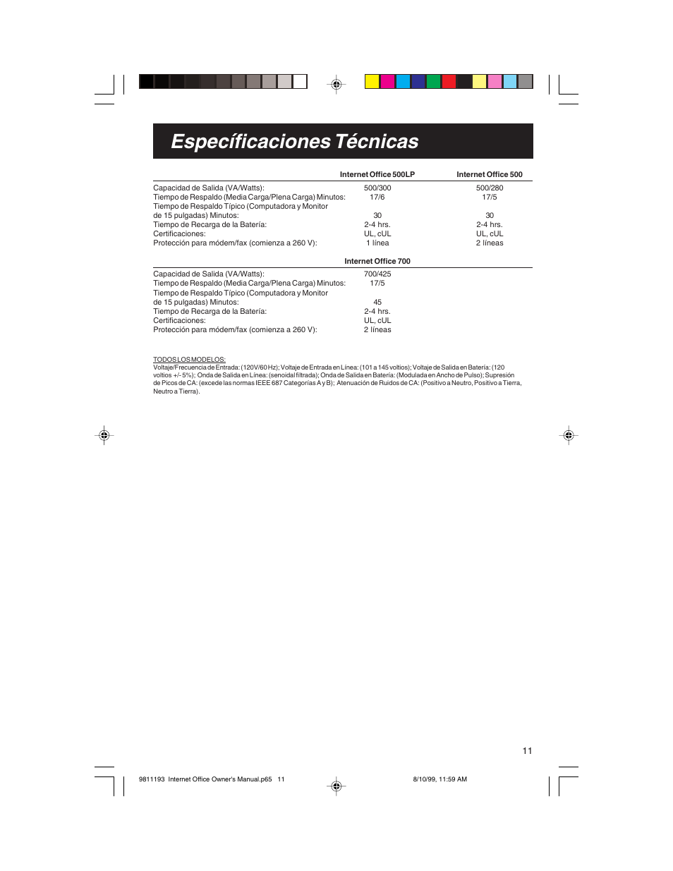 Específicaciones técnicas | Tripp Lite I User Manual | Page 11 / 20