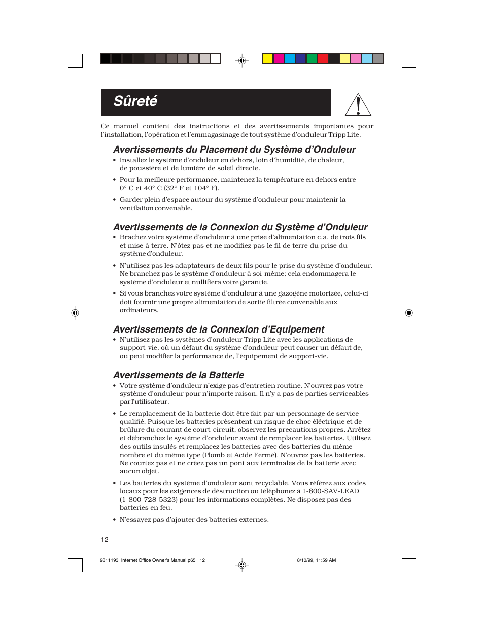 Sûreté, Avertissements du placement du système d’onduleur, Avertissements de la connexion d’equipement | Avertissements de la batterie | Tripp Lite I User Manual | Page 12 / 20