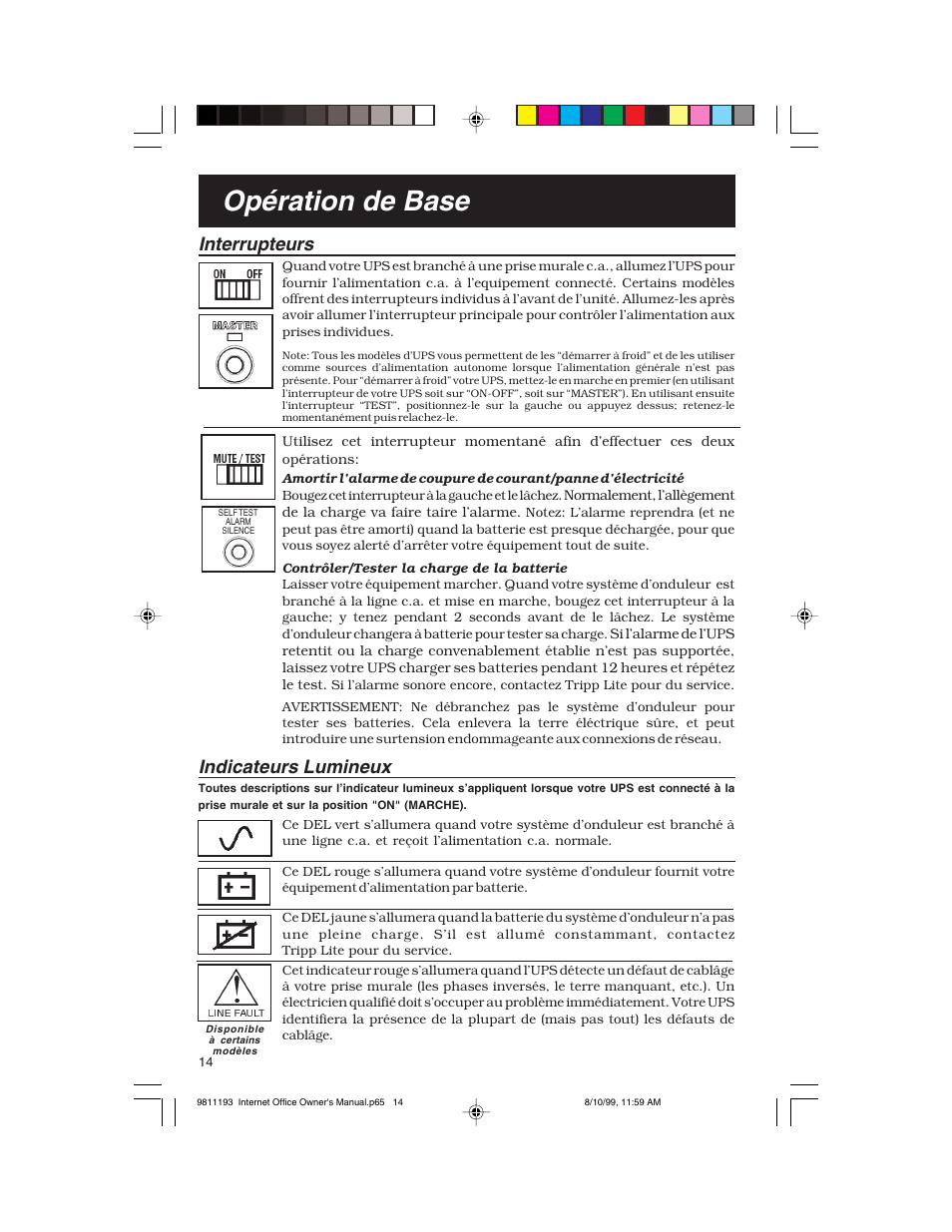 Opération de base, Interrupteurs, Indicateurs lumineux | Tripp Lite I User Manual | Page 14 / 20