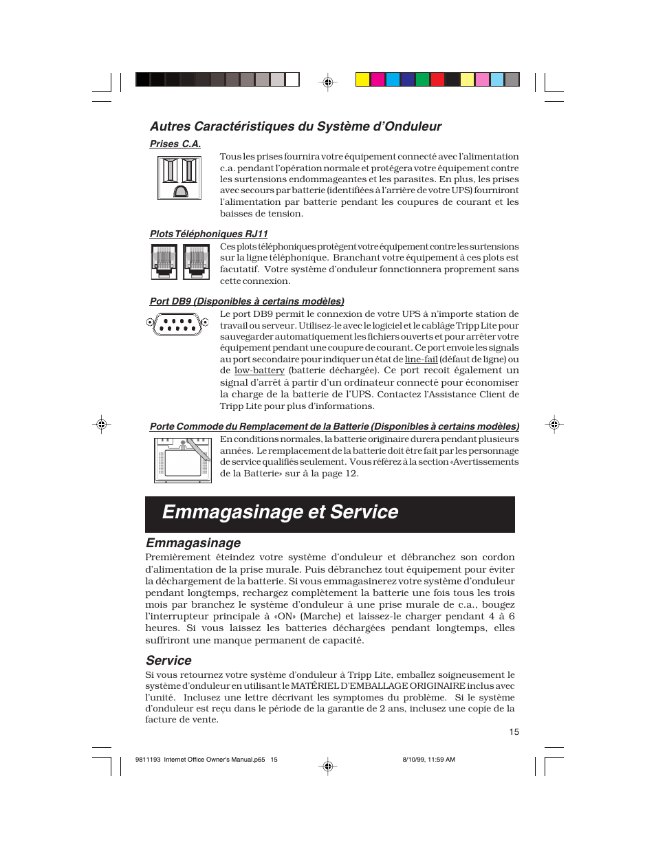 Emmagasinage et service, Autres caractéristiques du système d’onduleur, Emmagasinage | Service | Tripp Lite I User Manual | Page 15 / 20