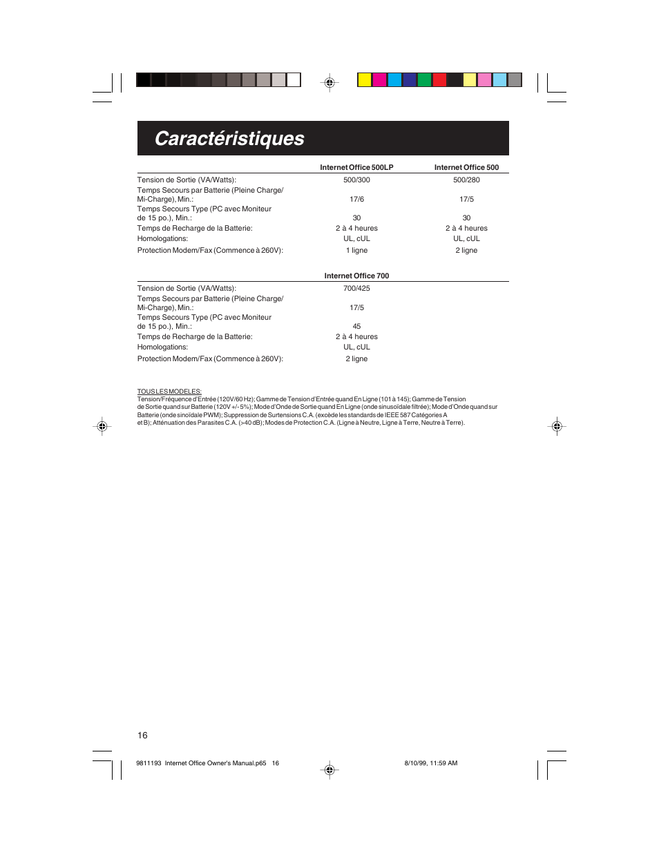 Caractéristiques | Tripp Lite I User Manual | Page 16 / 20