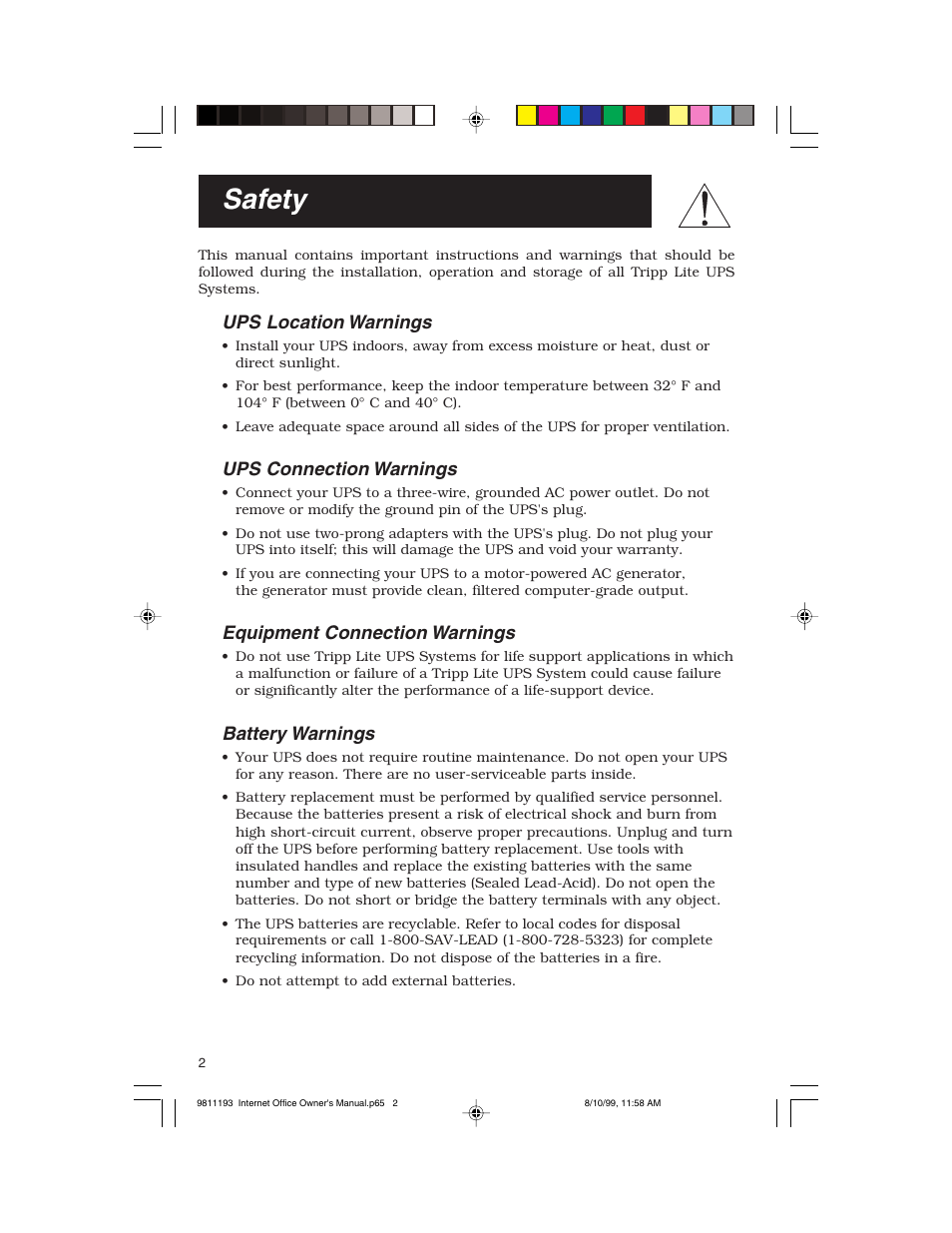 Safety, Ups location warnings, Ups connection warnings | Equipment connection warnings, Battery warnings | Tripp Lite I User Manual | Page 2 / 20